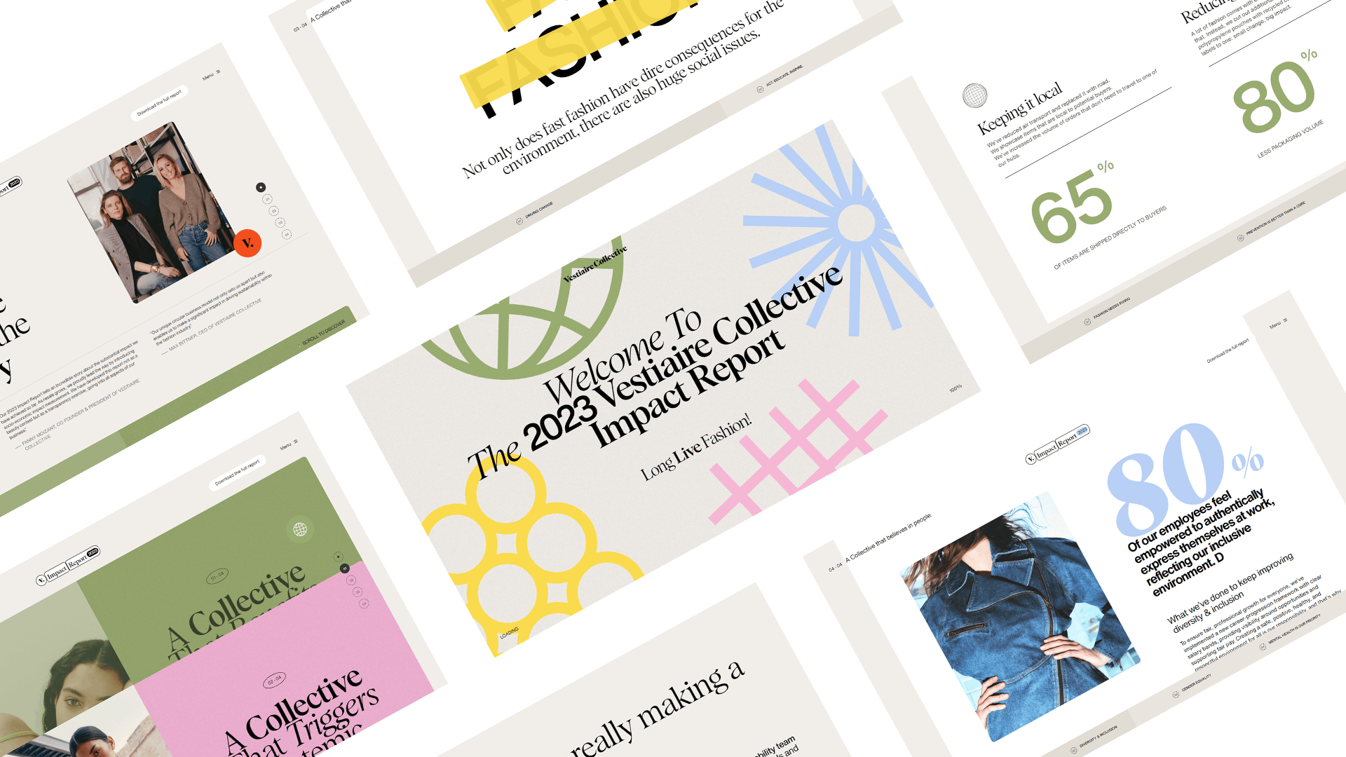 Collage of Vestiaire Collective impact report webpages with modern design elements, showcasing fashion and sustainability messages.
