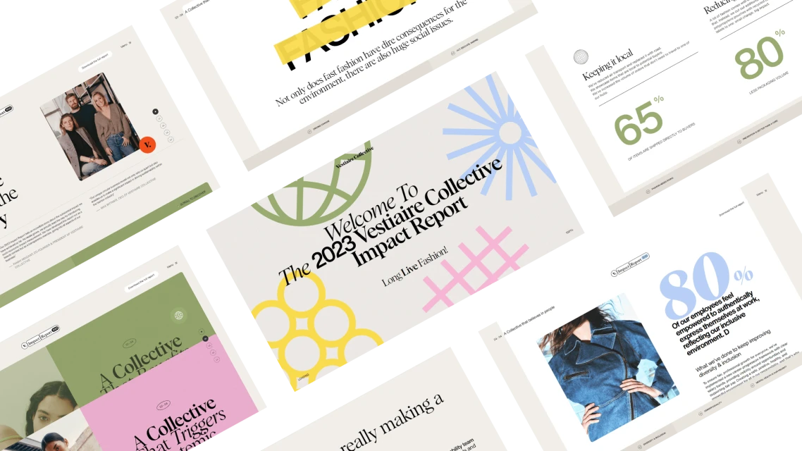 Collage of Vestiaire Collective impact report webpages with modern design elements, showcasing fashion and sustainability messages.