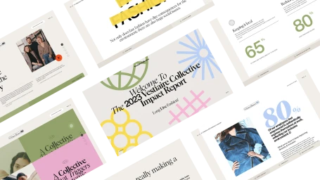 Digital slide layouts for the 2023 Vestiaire Collective Impact Report arranged in a diagonal collage on a black background.