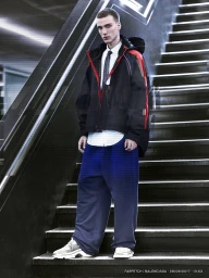 Young man in black hooded jacket, white shirt, and wide blue trousers standing on concrete staircase by Valentin Lefevre