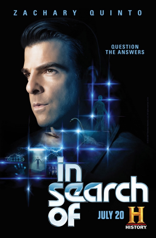 Movie poster featuring actor Zachary Quinto above "In Search Of" title, promoting the History channel program on a black background.