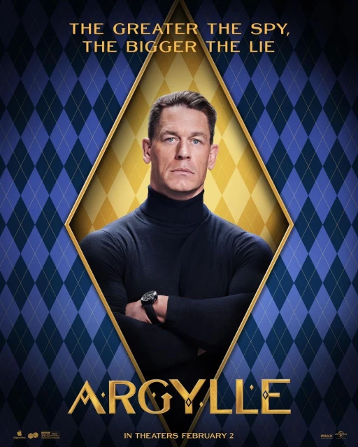 Promotional poster for the movie Argylle with John Cena, wearing a black turtleneck, framed in a gold diamond against a blue argyle pattern.