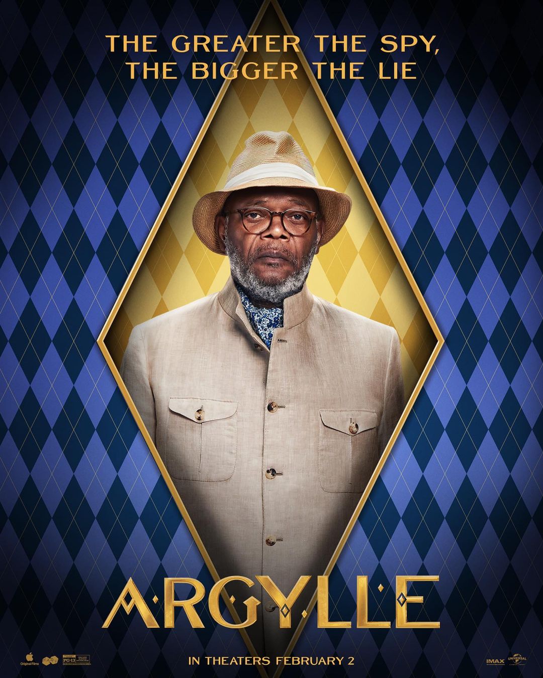 Movie poster featuring actor Samuel L. Jackson in a tan suit and fedora, centered within a diamond shape on a blue argyle background.