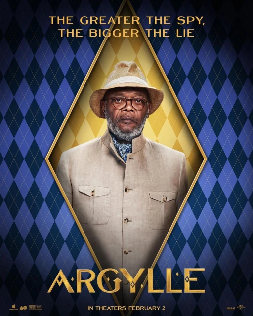 Movie poster featuring actor Samuel L. Jackson in a tan suit and fedora, centered within a diamond shape on a blue argyle background.