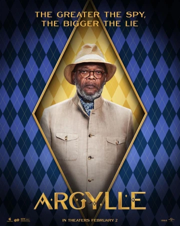 Movie poster featuring actor Samuel L. Jackson in a tan suit and fedora, centered within a diamond shape on a blue argyle background.