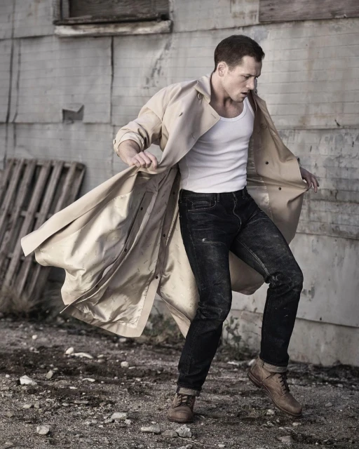 Adult male poses mid-motion in an urban alleyway, wearing a light trench coat, white t-shirt, jeans, and brown work boots in outdoor setting.