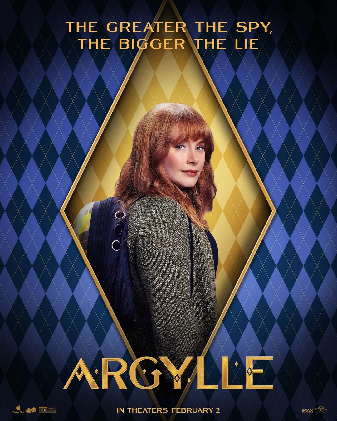 Movie poster for Argylle with Bryce Dallas Howard in a diamond frame on a blue and gold harlequin pattern background. Text visible.