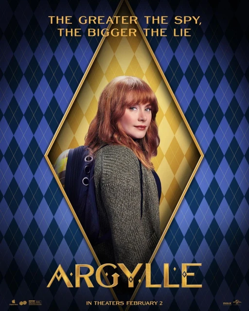 Movie poster for Argylle with Bryce Dallas Howard in a diamond frame on a blue and gold harlequin pattern background. Text visible.