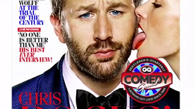 Gentlemen's Quarterly (GQ) magazine cover featuring Chris O'Dowd, with a woman licking his face. 'Comedy Special' is displayed in a circular logo.