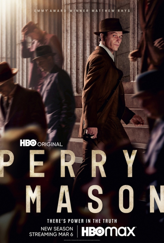 Movie poster for 'Perry Mason' featuring Matthew Rhys in a brown suit and hat, walking down stairs, with other figures in the background.