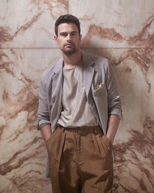 Man in blazer and pleated pants poses against marble wall. He wears a neutral shirt, pockets are tucked in pants, eye-level angle, portrait.