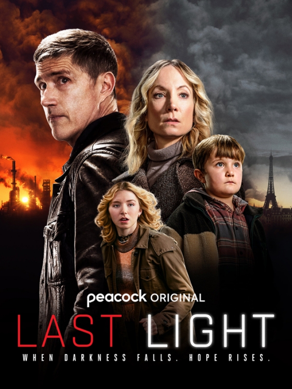 Movie poster for Peacock Original's Last Light featuring a family of four standing in front of a cityscape and industrial background.