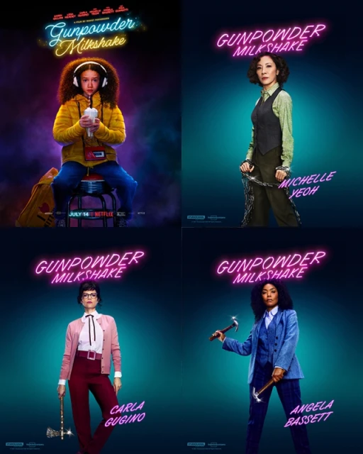 Movie poster for Gunpowder Milkshake featuring four women: a girl with headphones, and three adults in suits, holding weapons.