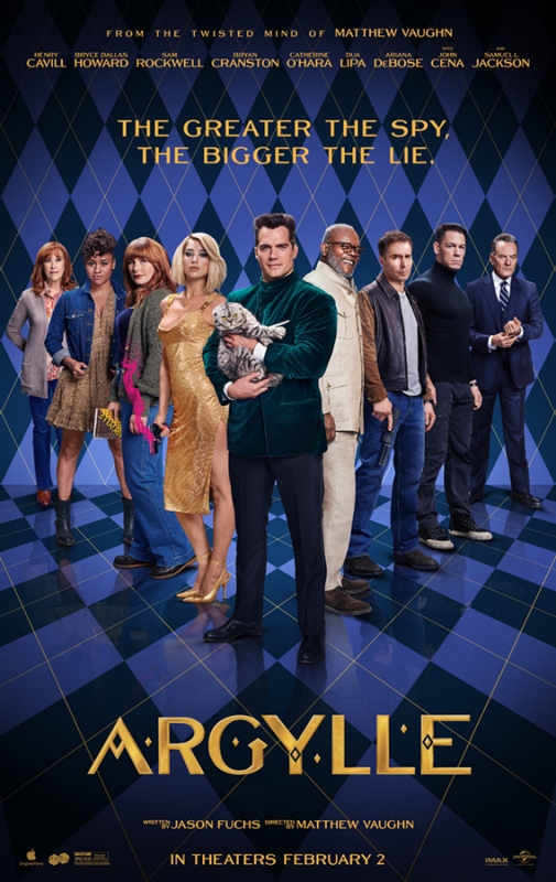 Movie poster for Argylle featuring ensemble cast including Henry Cavill holding cat, set against a blue and gold geometric backdrop.