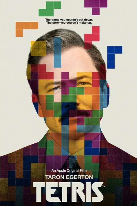 Movie poster for 'Tetris' featuring Taron Egerton's face overlaid with Tetris blocks, promoting the Apple Original film.