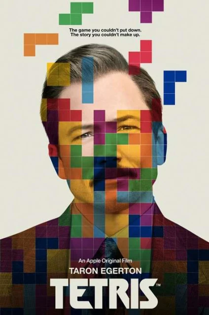Movie poster for 'Tetris' featuring Taron Egerton's face overlaid with Tetris blocks, promoting the Apple Original film.
