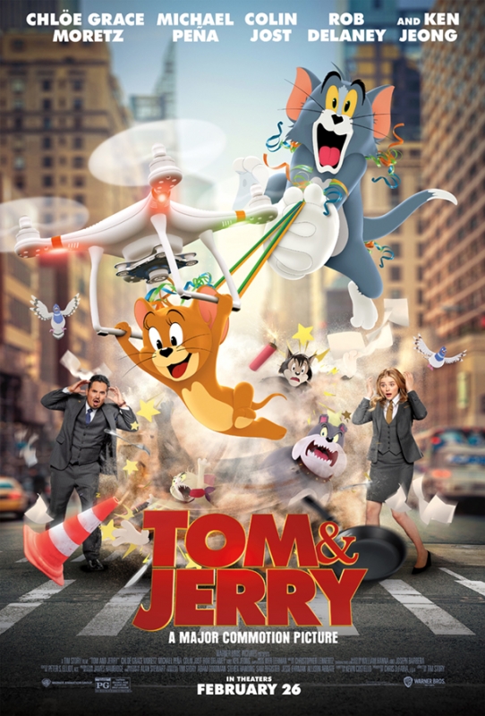 Movie poster for "Tom & Jerry" film featuring the animated characters Tom and Jerry causing chaos in a city, with live-action actors.