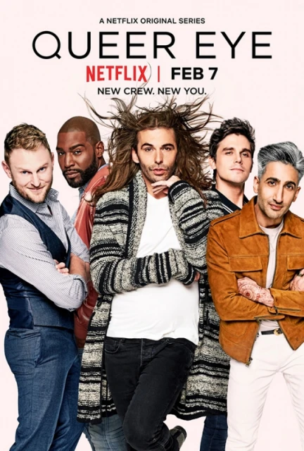 Netflix's Queer Eye cast poses for a promotional shot, five people in a group shot, fashion forward, set against a plain background.