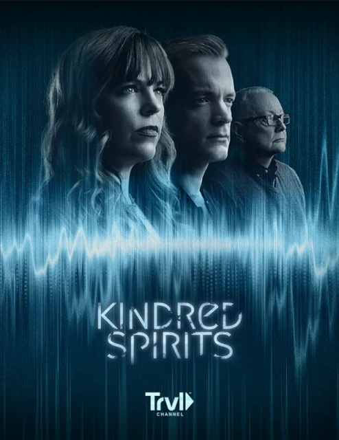 Promotional image for 'Kindred Spirits' features three individuals in a close-up shot against a teal backdrop with waveform graphics and show logo.