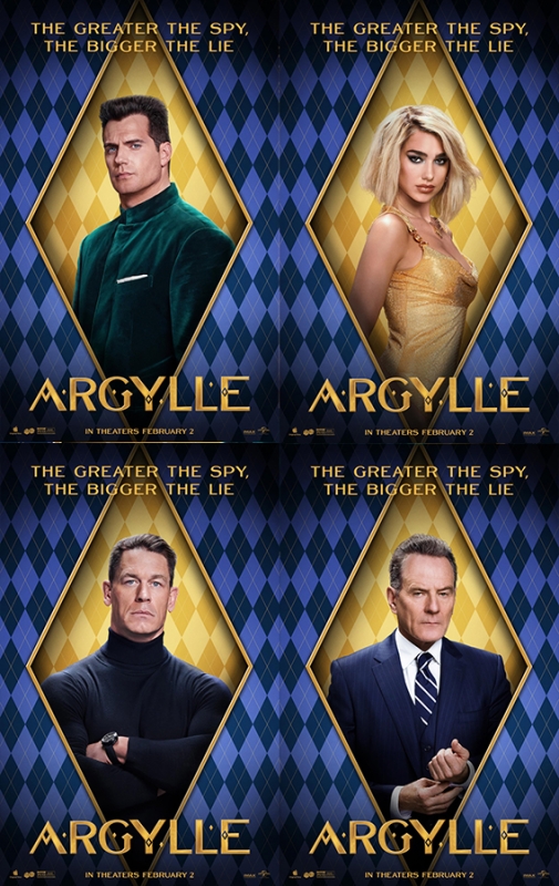Movie poster for 'Argylle' featuring portraits of four actors against a blue and gold patterned background. Text at the top reads, 'The greater the spy, the bigger the lie'.