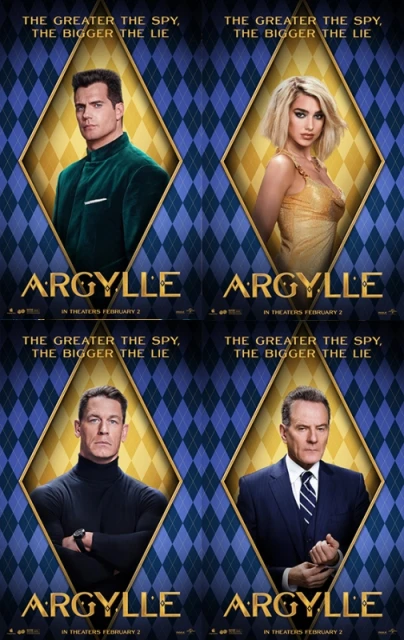 Movie poster for 'Argylle' featuring portraits of four actors against a blue and gold patterned background. Text at the top reads, 'The greater the spy, the bigger the lie'.