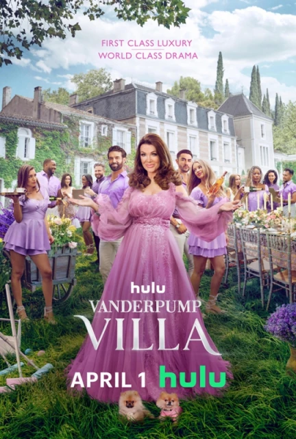 Promotional image for 'Vanderpump Villa' featuring Lisa Vanderpump in a pink gown, with cast members, a grand building, and lush greenery.