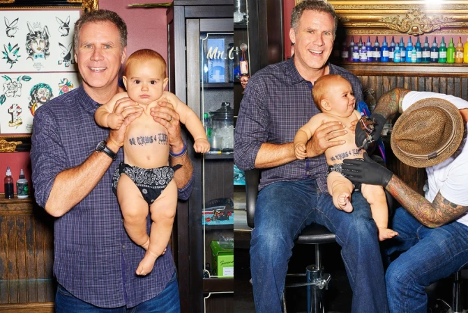 Actor Will Ferrell holding a baby with fake chest tattoo, seated in tattoo parlor while tattoo artist adds to the fake tattoo.