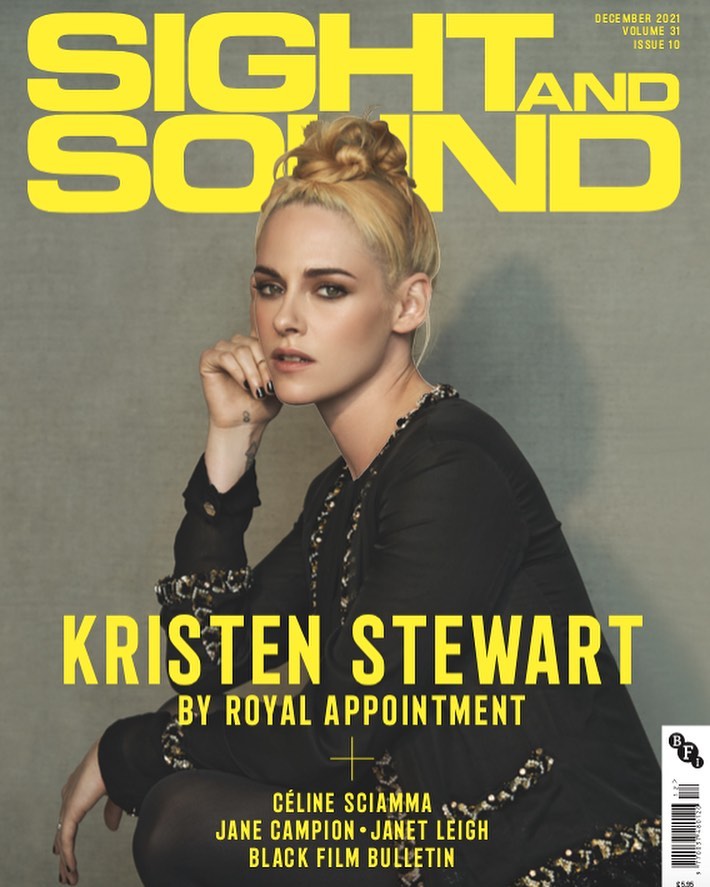 Magazine cover featuring a portrait of Kristen Stewart against a muted background, with 'Sight and Sound' and other text elements.