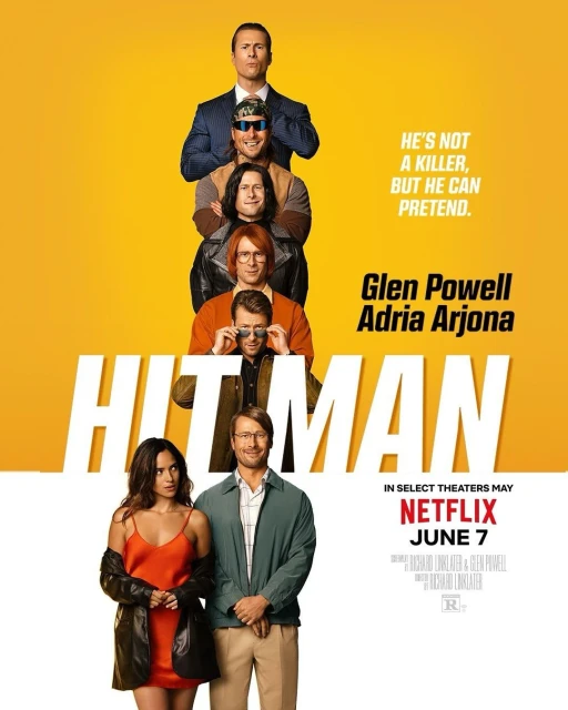 Movie poster for Hit Man, featuring cast members including Glen Powell and Adria Arjona on a yellow background with movie title.
