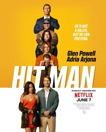 Movie poster for Hit Man, featuring cast members including Glen Powell and Adria Arjona on a yellow background with movie title.