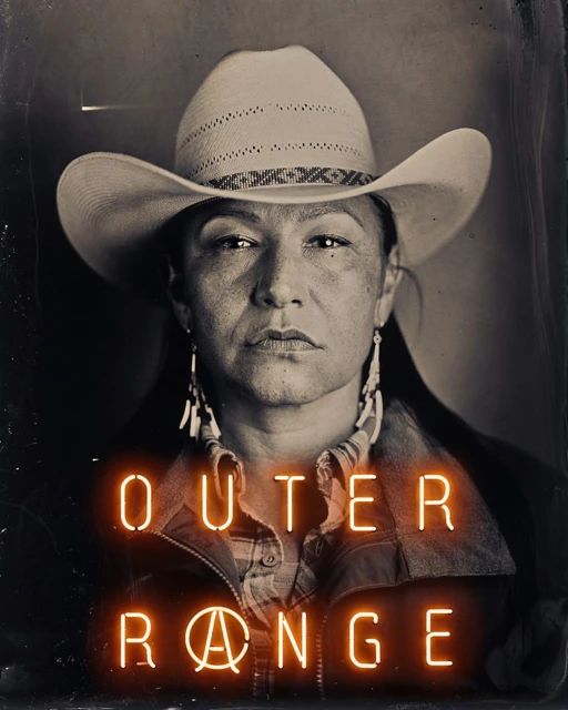 Portrait of an indigenous woman wearing a cowboy hat and beaded earrings, featuring neon signage with the words 'Outer Range'.