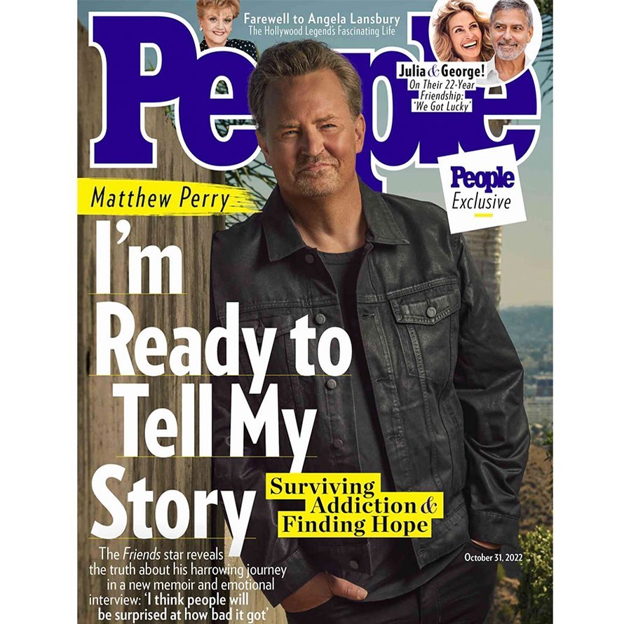 People Magazine cover featuring Matthew Perry in a black jacket, promoting his memoir about addiction and finding hope, October 31, 2022.