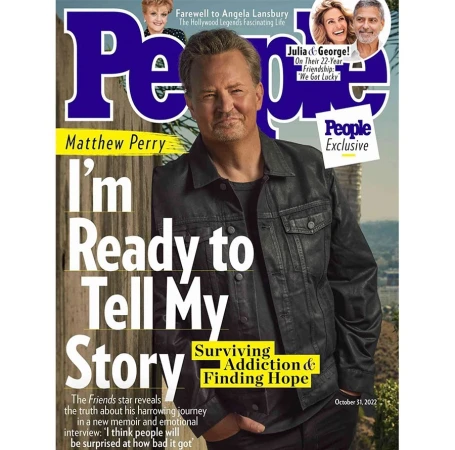People Magazine cover featuring Matthew Perry in a black jacket, promoting his memoir about addiction and finding hope, October 31, 2022.