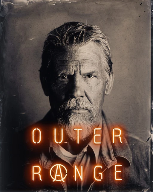 Portrait of an adult male with a gray beard and gray hair, set against a distressed background, with neon text overlay reading 'Outer Range'.