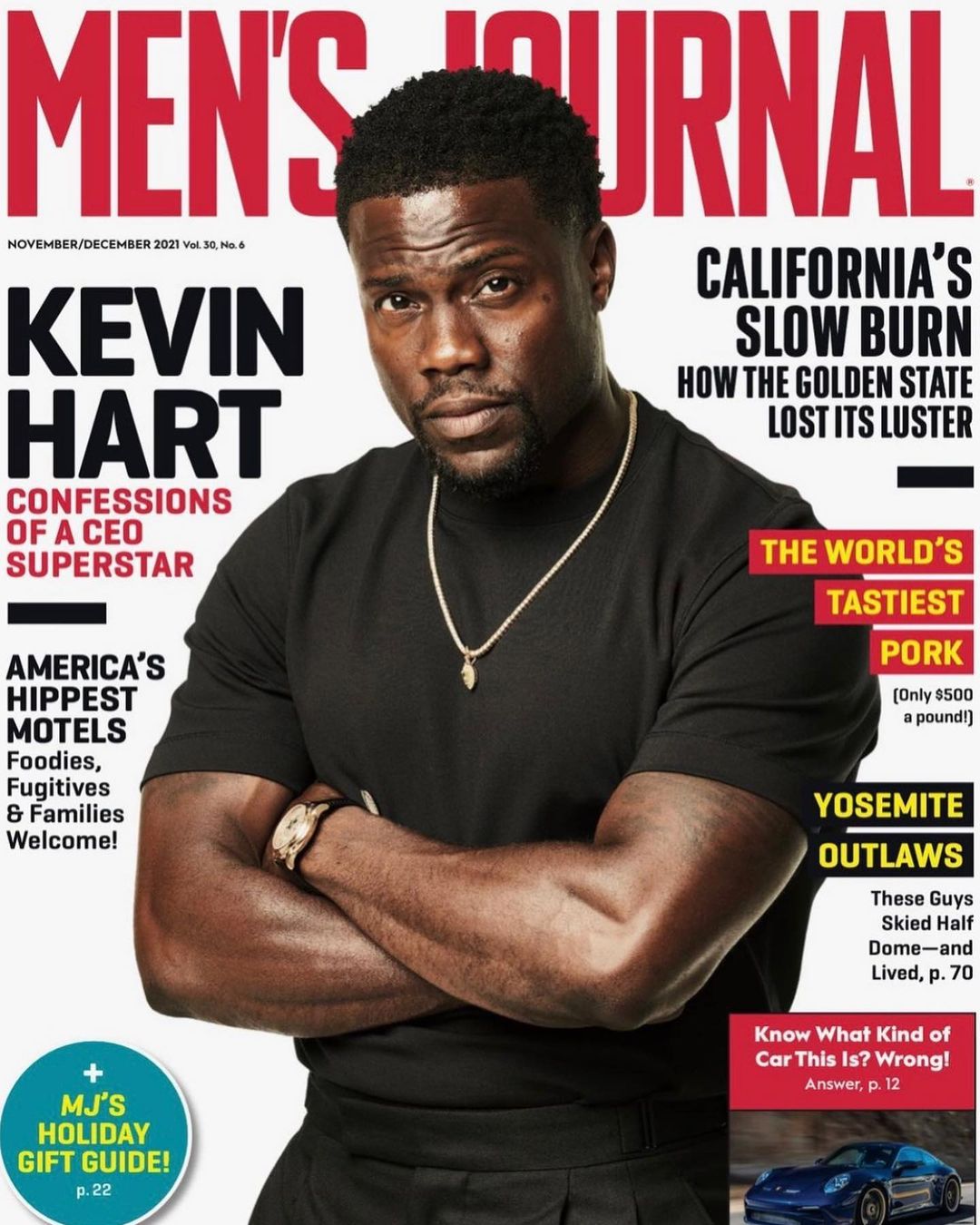 Men's Journal magazine cover featuring Kevin Hart in a confident pose. The cover includes headlines about travel, food, and automotive topics.