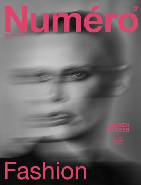 Fashion magazine cover featuring blurred grayscale image of a woman's face with pink text overlay for the publication's title and keywords.