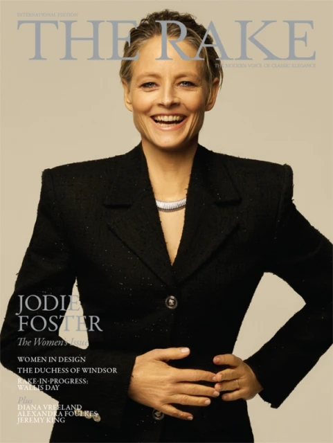Magazine cover featuring Jodie Foster in a black blazer, smiling, with The Rake masthead above. Fashion and celebrity lifestyle.