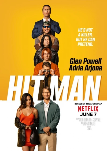 Movie poster for Hit Man features cast members Glen Powell and Adria Arjona with a stack of people against a yellow backdrop.