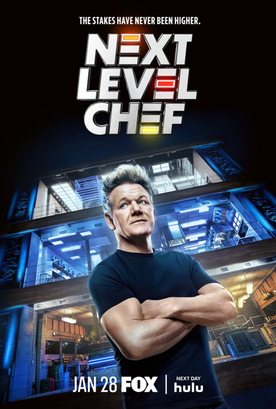 Promotional image for 'Next Level Chef' with Gordon Ramsay, set against a backdrop of a modern kitchen building with the show's title above.