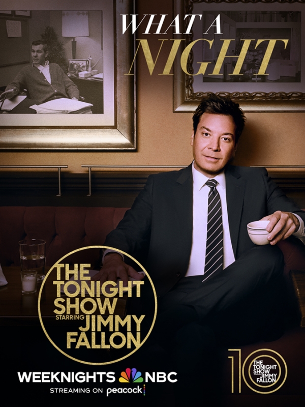 Promotional image featuring Jimmy Fallon in a suit, seated with a mug, and TV show advertising for The Tonight Show.