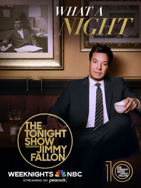 Promotional image featuring Jimmy Fallon in a suit, seated with a mug, and TV show advertising for The Tonight Show. 