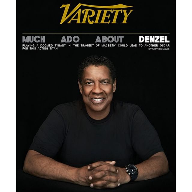 Denzel Washington on the cover of Variety magazine, wearing a black t-shirt and watch, with a black background and magazine text above him.