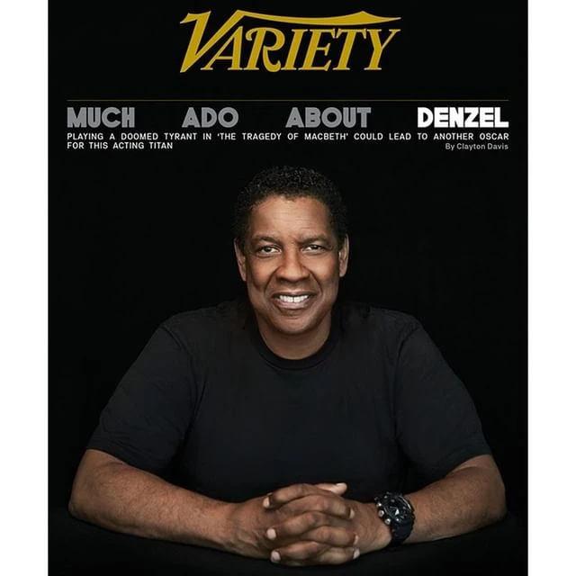 Denzel Washington on the cover of Variety magazine, wearing a black t-shirt and watch, with a black background and magazine text above him.