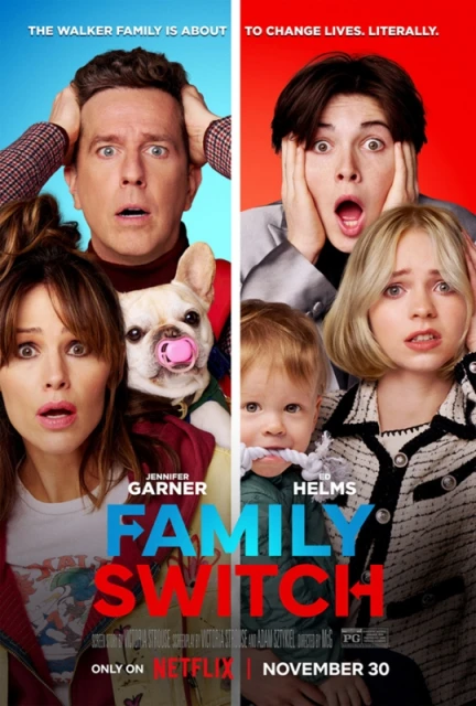 Movie poster for 'Family Switch' featuring Jennifer Garner, Ed Helms, and family members with surprised expressions against split backgrounds.
