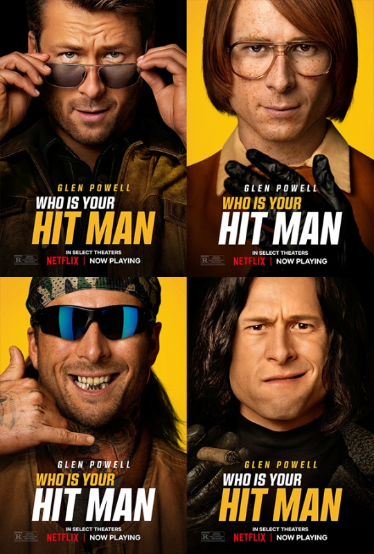 Movie poster featuring Glen Powell in different character portrayals against a yellow background, promoting the film 'Hit Man' on Netflix.