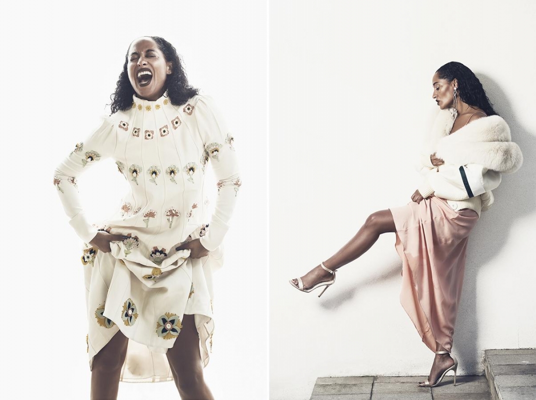 Diptyque split portrait of Tracee Ellis Ross wearing a patterned white dress and a white fur jacket over a pink skirt against a light background
