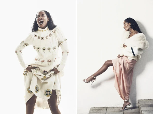 Diptyque split portrait of Tracee Ellis Ross wearing a patterned white dress and a white fur jacket over a pink skirt against a light background