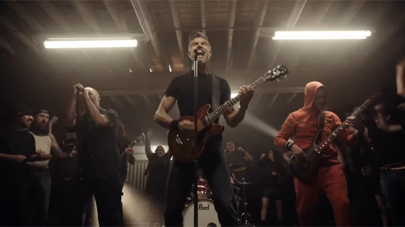 A male guitarist sings center stage into a microphone with a crowd and band members in the background, illuminated by overhead lighting.