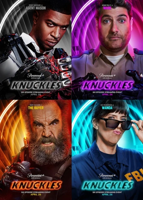 Poster for 'Knuckles' shows four portraits: Agent Mason, Doug, The Buyer, and Wanda, promising a six-episode streaming event on Paramount+.