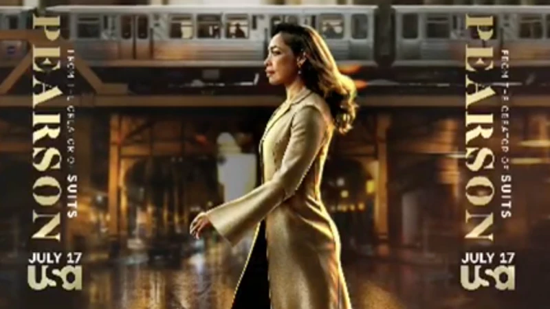 A woman in a coat walks in an urban scene with a train in the background, promoting the TV show Pearson on USA Network.